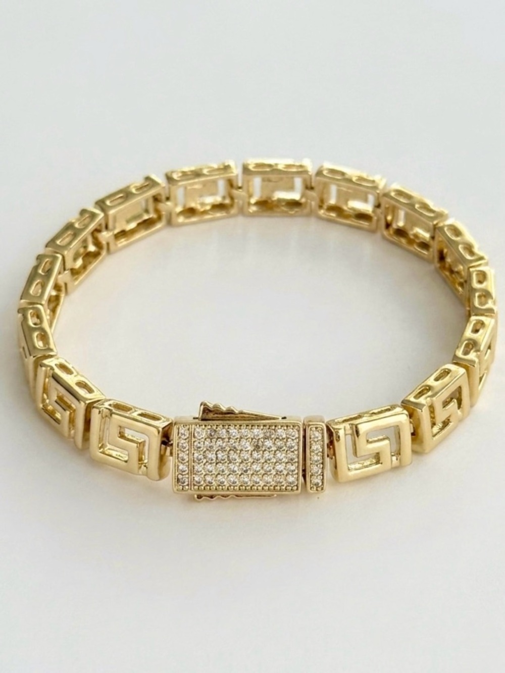 14K Gold Plated Greek Key Link Bracelet with CZ Pavé Box Clasp | Luxury Jewelry